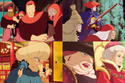 Image with Castle in the Sky pirates, Eboshi and villains from Princess Mononoke, Yubaba from Spirited Away, and the Witch and Suliman from Howl's Moving Castle