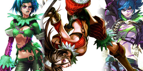 Art showing Tira in various outfits she wears throughout the games.